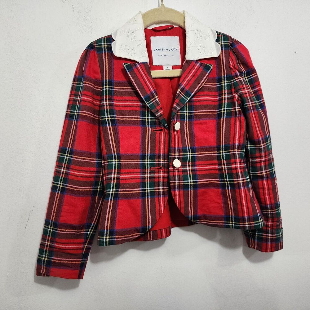 Janie and Jack Girl Bradbury Red Plaid Embroidered Collar Twill Blazer Size 4